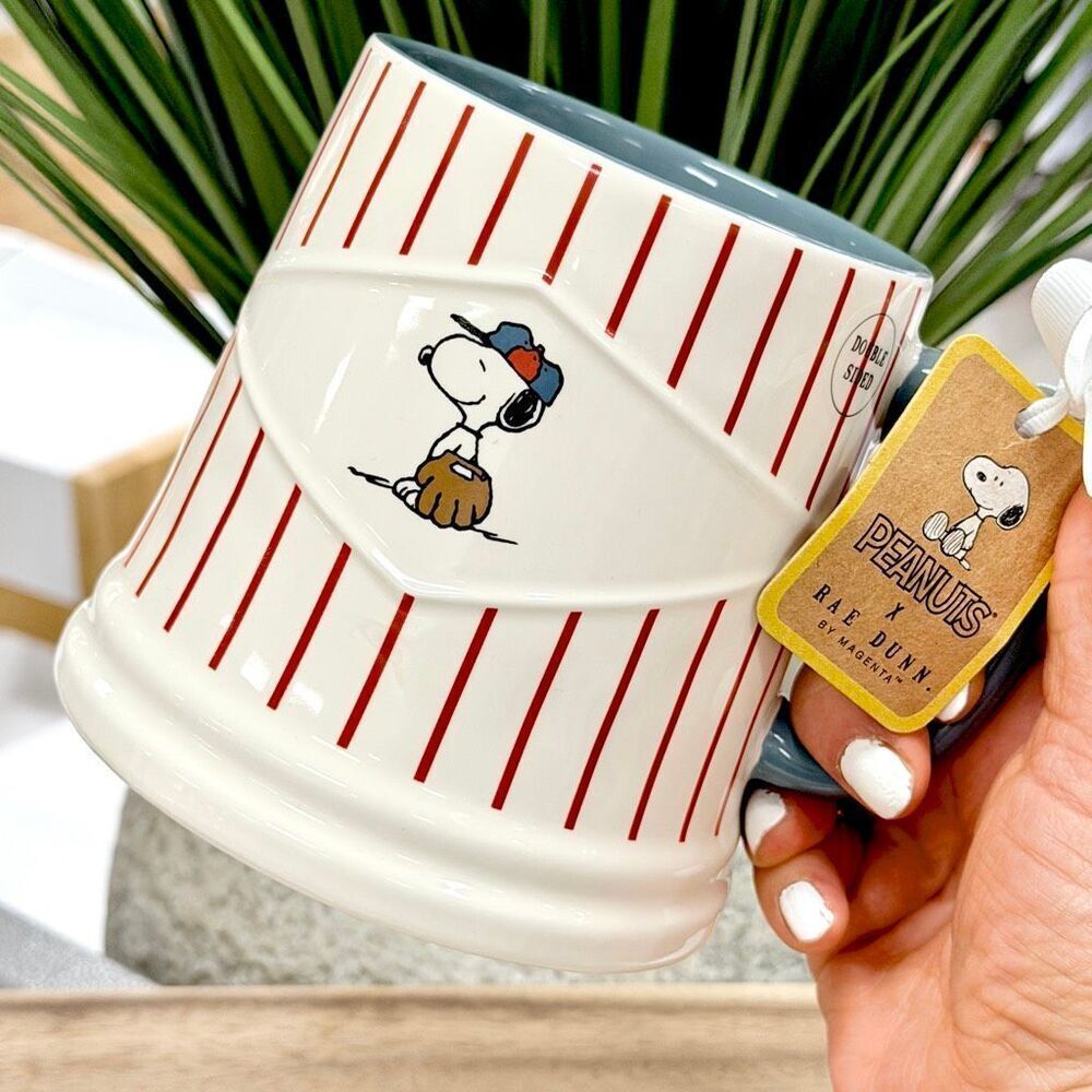 NWT Gorgeous Rae Dunn Peanuts Snoopy Play Ball Baseball Double Sided Big Mug - Picture 9 of 12